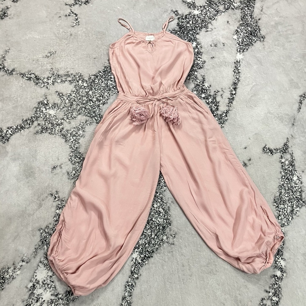 Flannel Pink Tassel Tie Wide Leg Jumpsuit Women's Size 0 Balloon Hem Boho